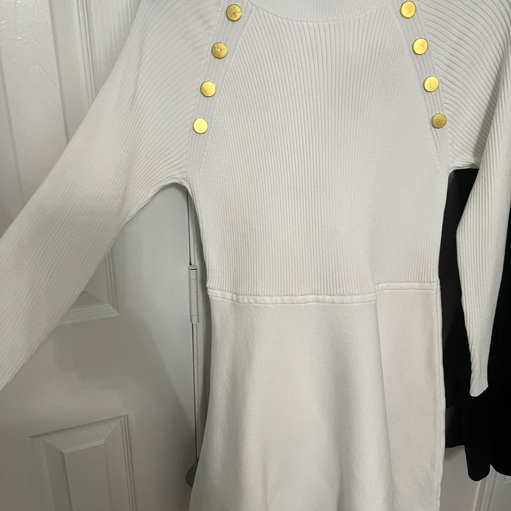 BCX White Long Sleeve Knee Dress with Gold Buttons